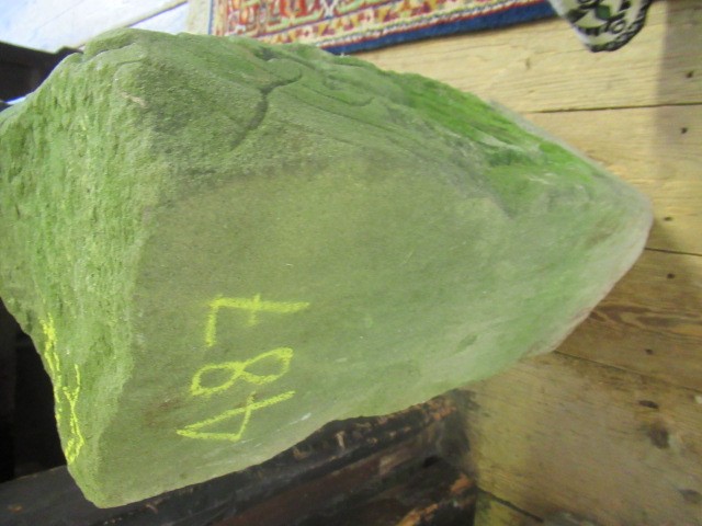 A CARVED SANDSTONE GREEN MAN MASK CORNER STONE, 10 1/4" X 17" (Illustrated) (Est. plus 24% premium Image