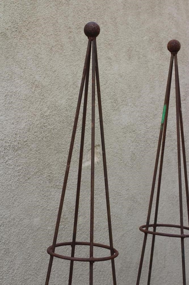 A PAIR OF WROUGHT IRON PLANT OBELISKS of tapering circular form with ball finial, rust patination, Image