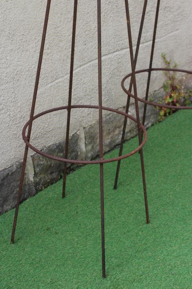 A PAIR OF WROUGHT IRON PLANT OBELISKS of tapering circular form with ball finial, rust patination, Image