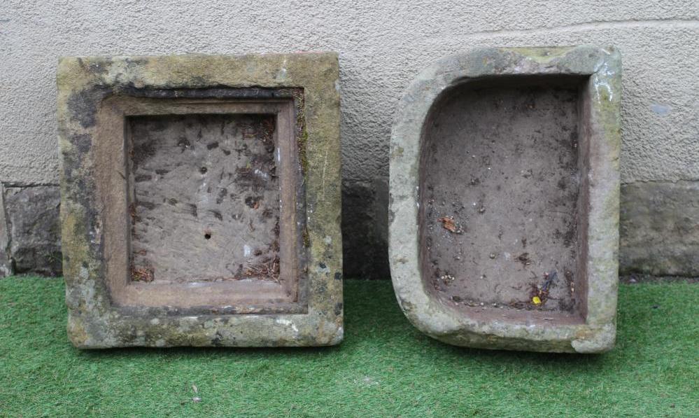 A SMALL SANDSTONE TROUGH of D form, 21 1/2" x 15 1/2" x 7", together with a square trough with Image