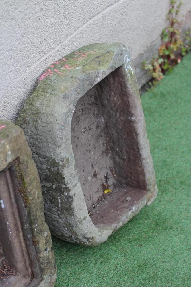 A SMALL SANDSTONE TROUGH of D form, 21 1/2" x 15 1/2" x 7", together with a square trough with Image