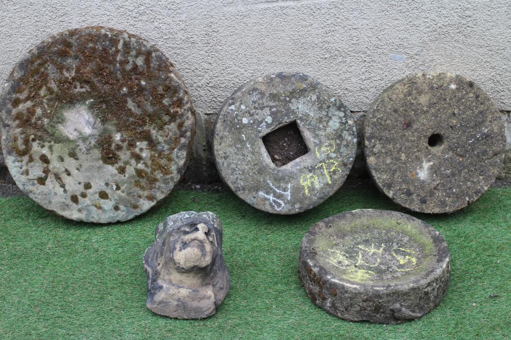 A SMALL SANDSTONE BIRD BATH, the circular bowl with carved bird to rim, 13 1/2" x 4", together with Image