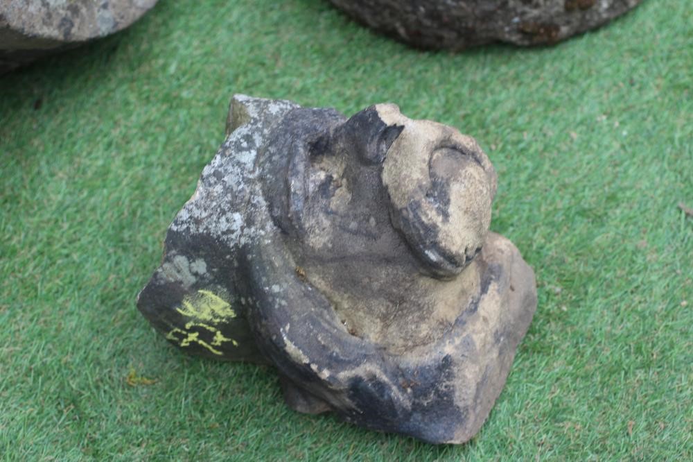 A SMALL SANDSTONE BIRD BATH, the circular bowl with carved bird to rim, 13 1/2" x 4", together with Image