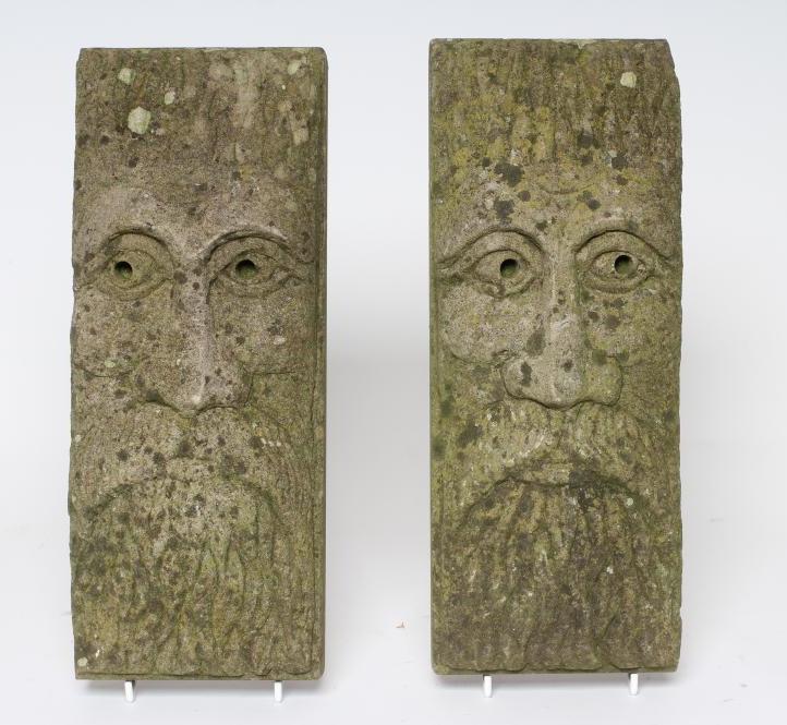 A PAIR OF SANDSTONE BEARDED MAN WALL MASKS of shallow oblong form, 5" x 13" (Est. plus 24% premium Image