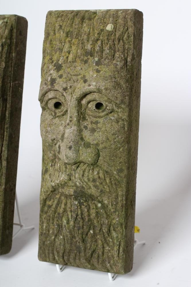 A PAIR OF SANDSTONE BEARDED MAN WALL MASKS of shallow oblong form, 5" x 13" (Est. plus 24% premium Image