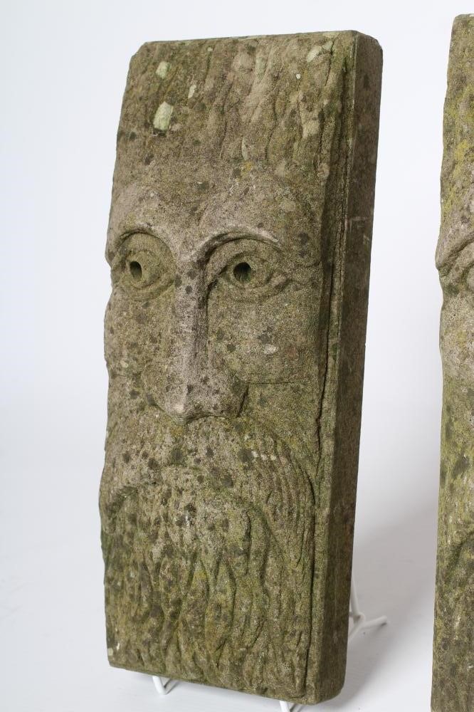 A PAIR OF SANDSTONE BEARDED MAN WALL MASKS of shallow oblong form, 5" x 13" (Est. plus 24% premium Image