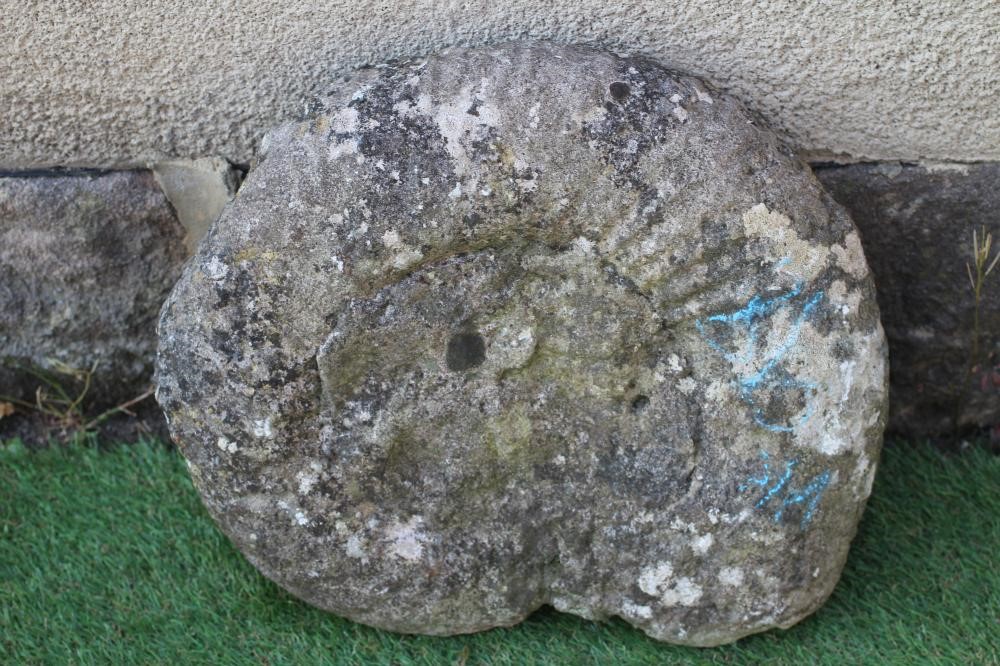 A SANDSTONE AMMONITE, 15" x 13", together with two small sandstone oblong troughs, 11" and 15" wide Image
