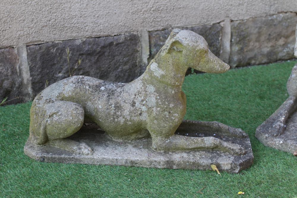 A PAIR OF CAST STONE RECUMBENT GREYHOUNDS on canted oblong bases, 27" x 10 1/2" x 16" (Est. plus 24% Image