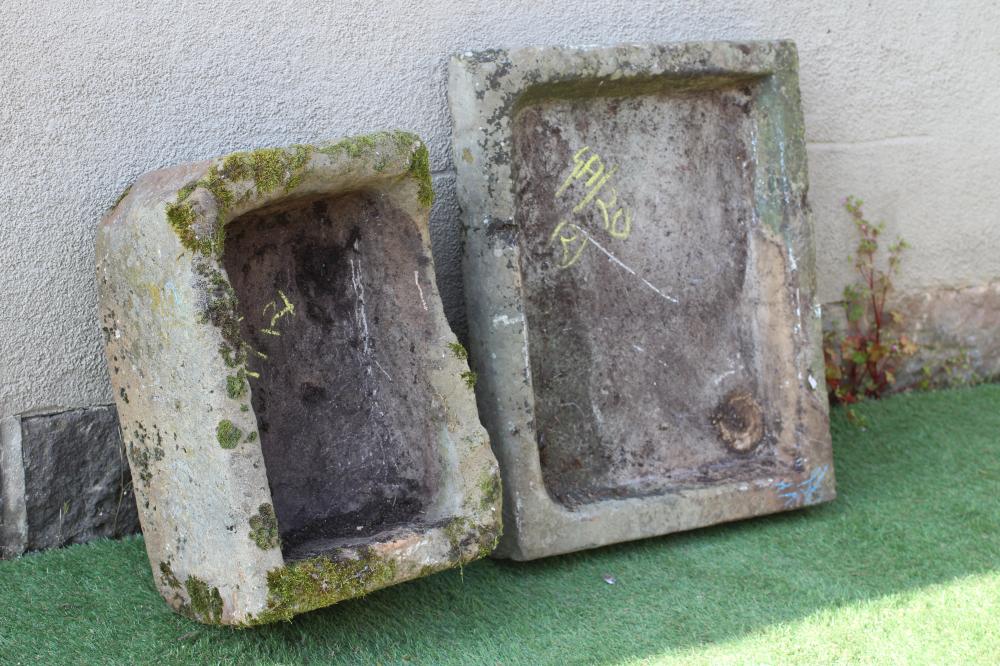 A SANDSTONE TROUGH of rough hewn oblong form, 23 1/2 x 16 1/2 x 10", together with a sandstone sink, Image
