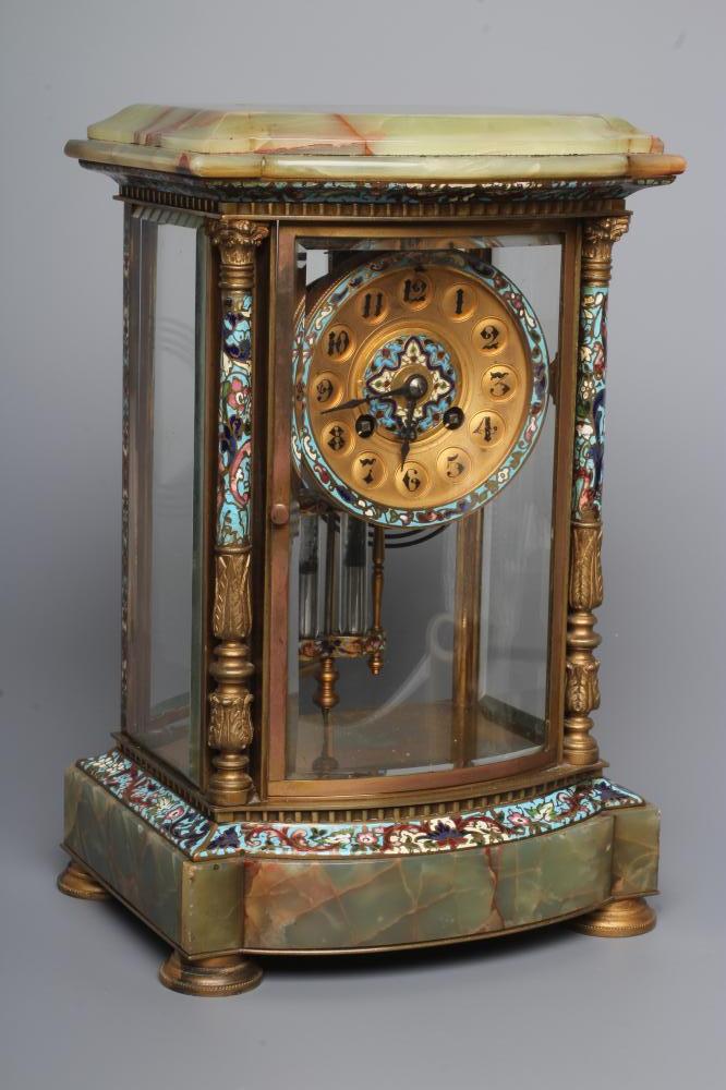 A FRENCH GREEN ONYX AND CHAMPLEVE ENAMEL FOUR GLASS MANTEL CLOCK Image