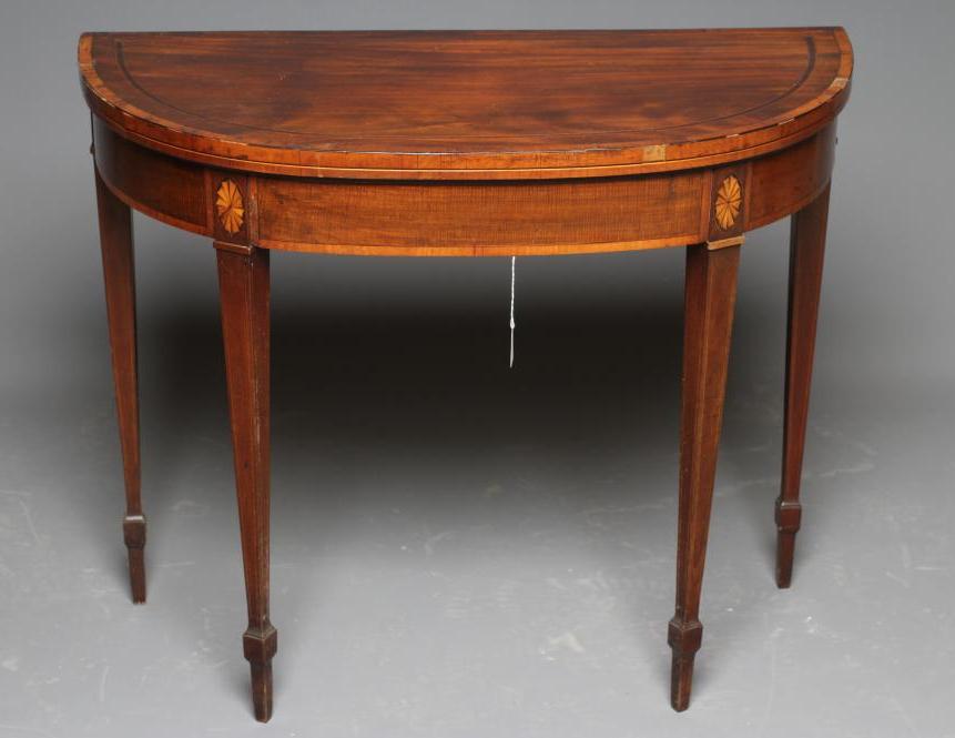 A GEORGIAN MAHOGANY FOLDING CARD TABLE of D form with satinwood banding and stringing Image