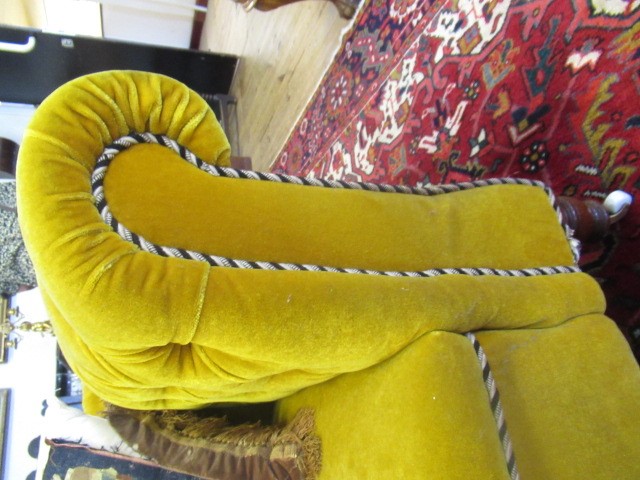 A VICTORIAN WALNUT FRAMED CHESTERFIELD DROP END SETTEE button upholstered in mustard yellow Image