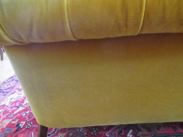 A VICTORIAN WALNUT FRAMED CHESTERFIELD DROP END SETTEE button upholstered in mustard yellow Image