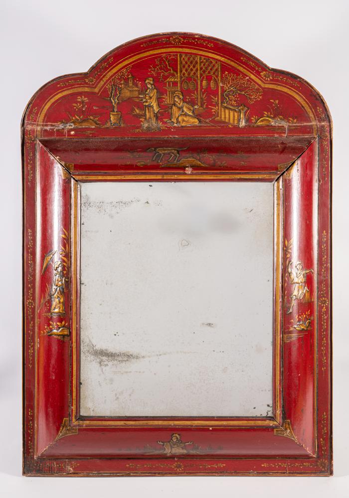 A RED LACQUERED CHINOISERIE WALL MIRROR in the early Georgian style Image