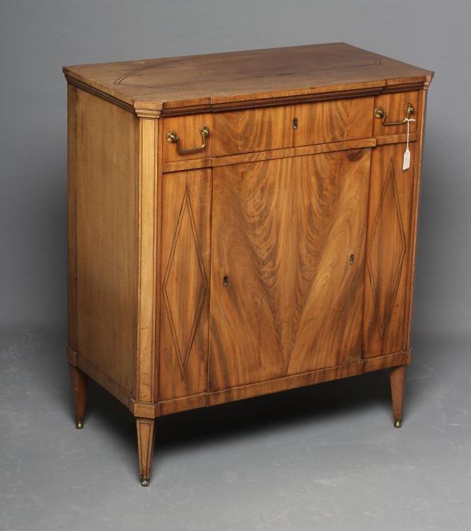 A DUTCH MAHOGANY AND BRASS INLAID SIDE CABINET Image