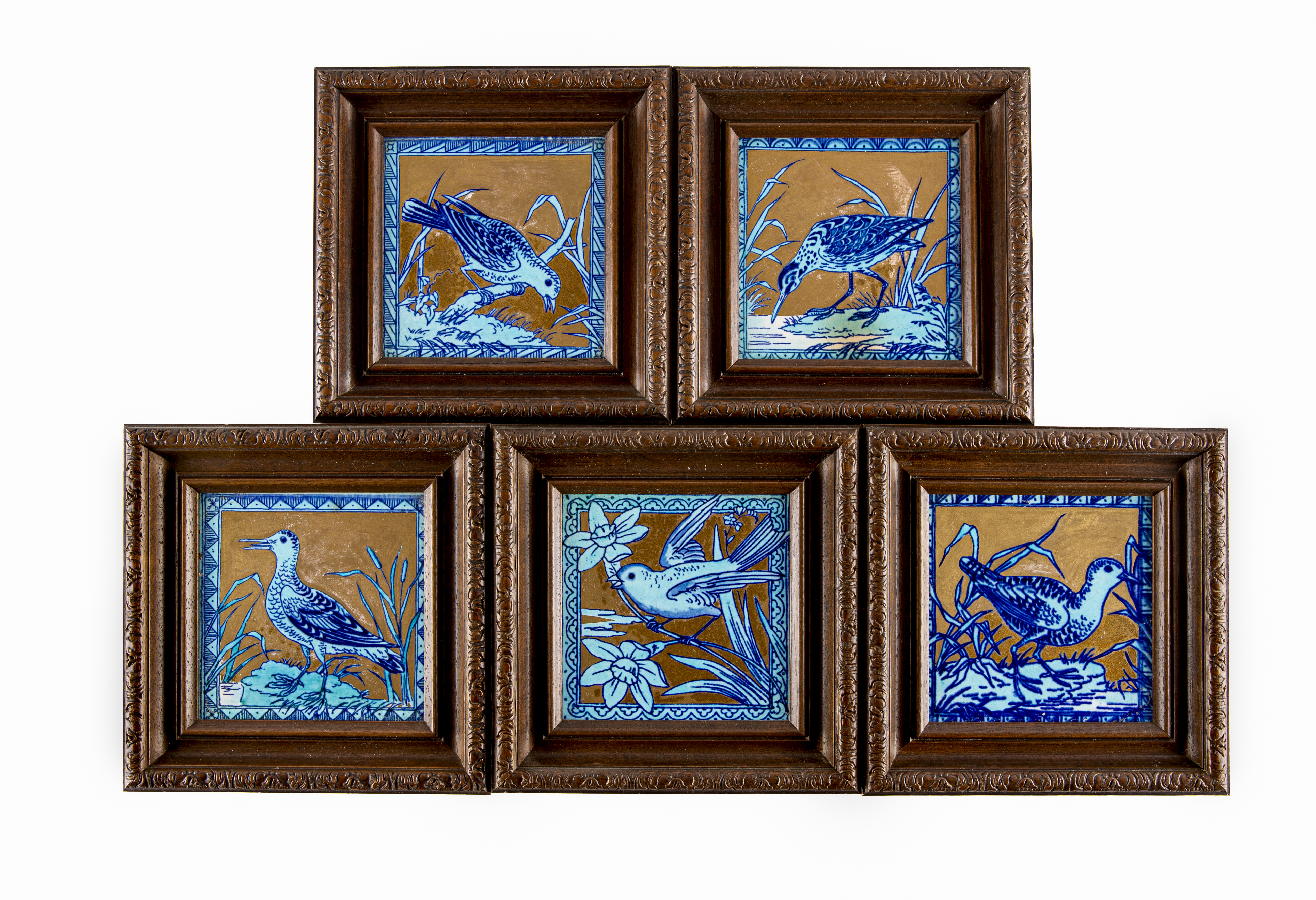 A SET OF FIVE MINTON AND HOLLINS AESTHETIC EARTHENWARE TILES Image
