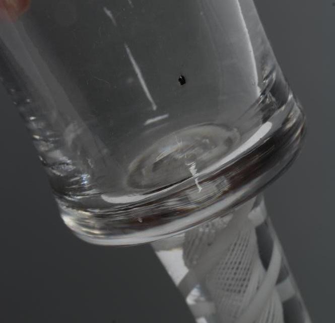A PAIR OF CORDIAL GLASSES, mid 18th century, the bell bowls on opaque twist stems with a central Image