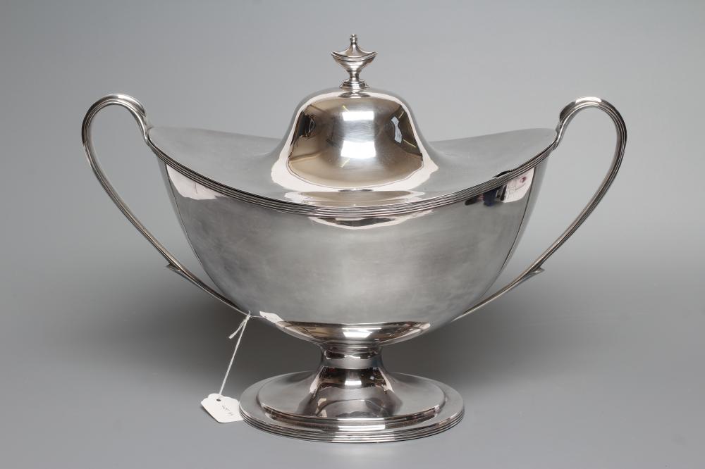 AN EPNS SOUP TUREEN AND COVER, early 20th century, of oval form with reeded loop handles on a swept Image