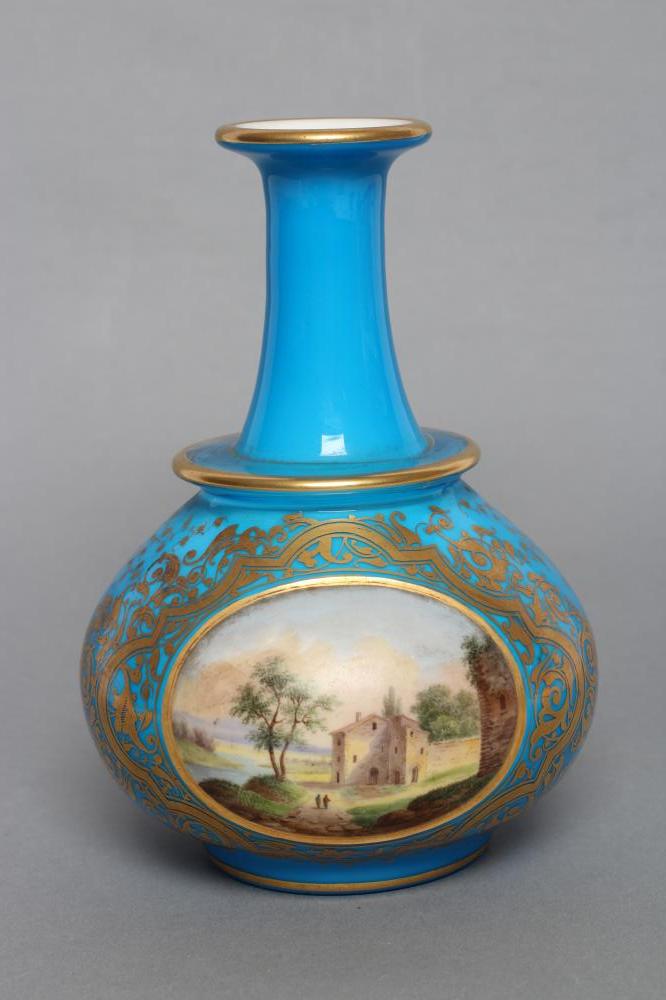 A TURQUOISE OVERLAY WHITE OPAQUE GLASS BOTTLE VASE Image