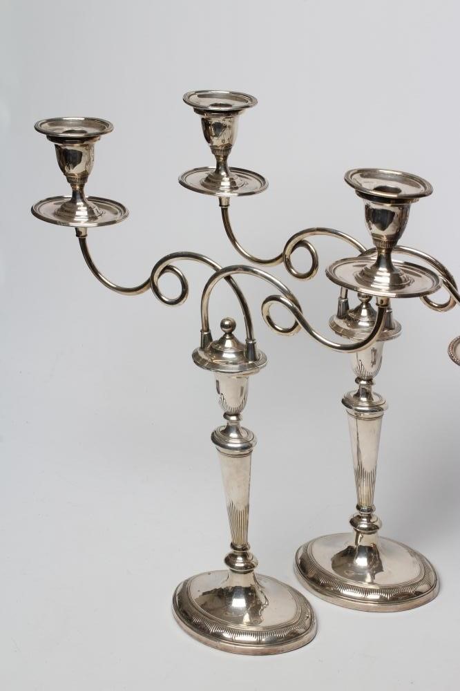 A PAIR OF EDWARDIAN PLATED ON COPPER TWO BRANCH CANDELABRA Image