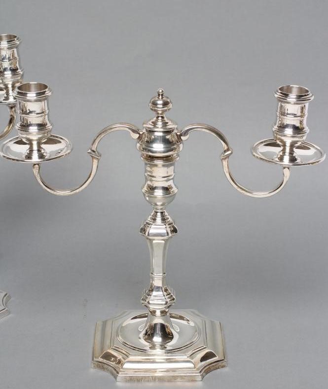 A PAIR OF GEORGE I STYLE SILVER TWO BRANCH CANDELABRA Image
