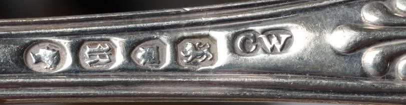 A SET OF FOUR SILVER DOUBLE STRUCK DIAMOND HEEL KING'S PATTERN TABLE FORKS Image