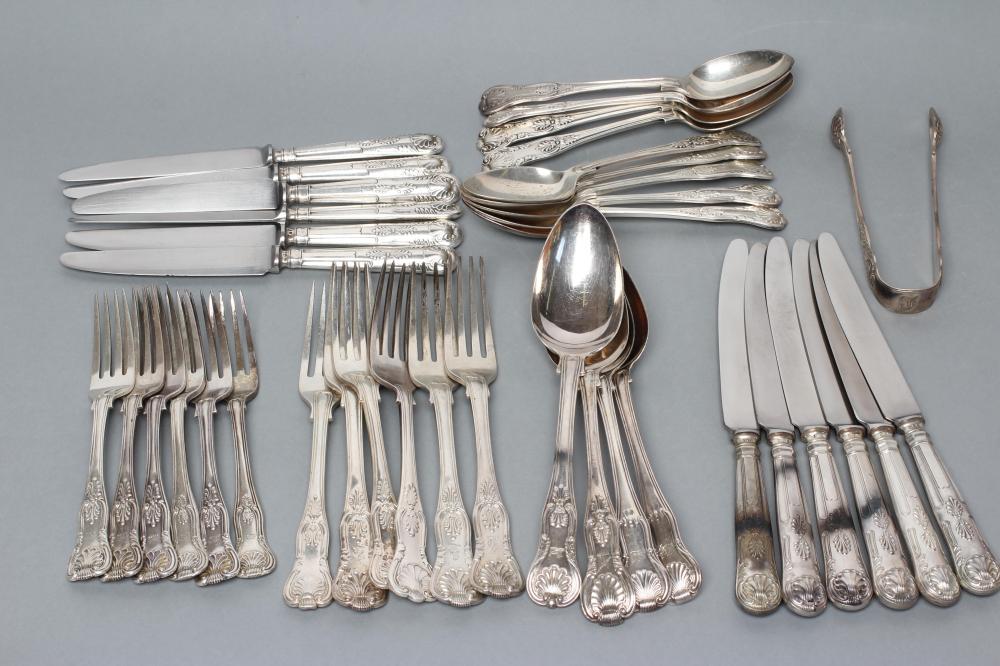 A MATCHED AND COMPOSITE GEORGE III AND LATER SILVER KING'S PATTERN PART TABLE SERVICE comprising six Image