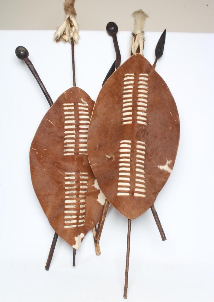A PAIR OF REPRODUCTION ZULU SHIELD DISPLAYS SIGNED BY ACTOR HENRY CELE Image