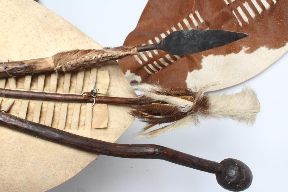 A PAIR OF REPRODUCTION ZULU SHIELD DISPLAYS SIGNED BY ACTOR HENRY CELE Image