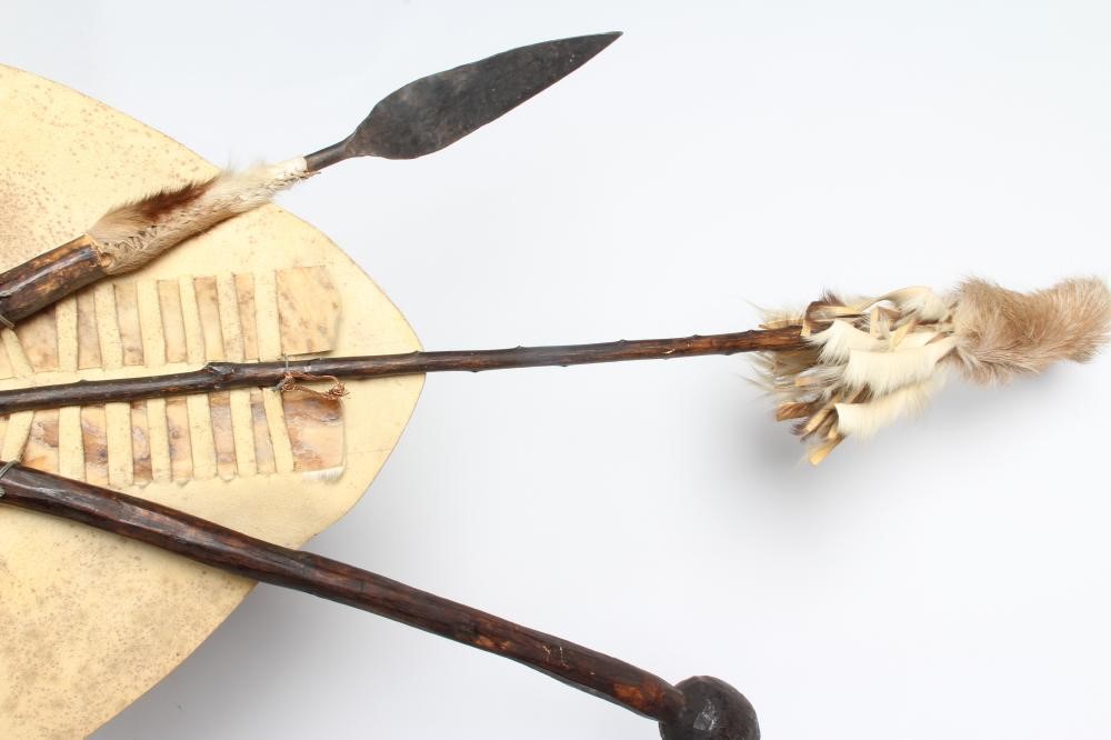 A PAIR OF REPRODUCTION ZULU SHIELD DISPLAYS SIGNED BY ACTOR HENRY CELE Image