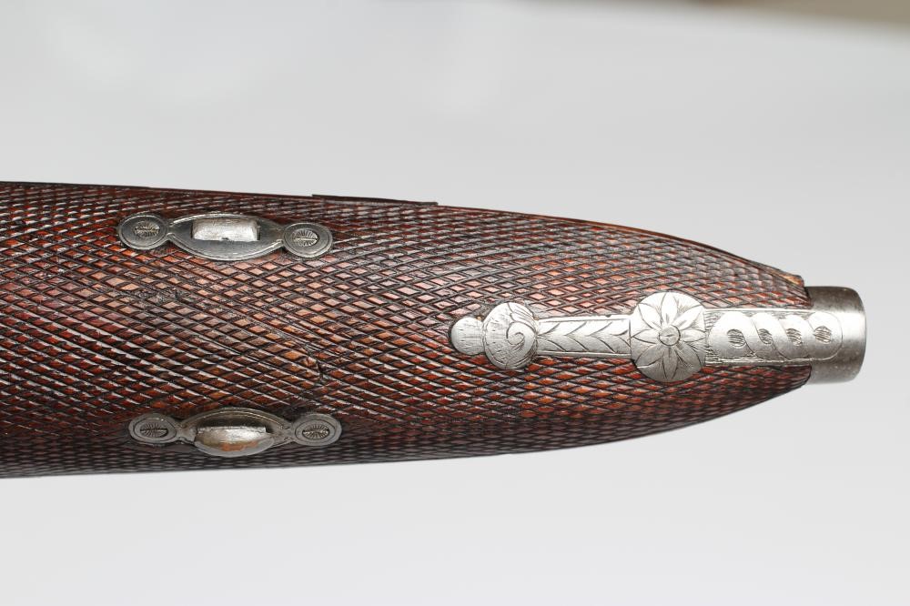 A HOLLIS & SHEATH 12 BORE DOUBLE BARRELLED PERCUSSION SHOTGUN Image