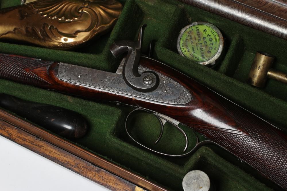 A HOLLIS & SHEATH 12 BORE DOUBLE BARRELLED PERCUSSION SHOTGUN Image