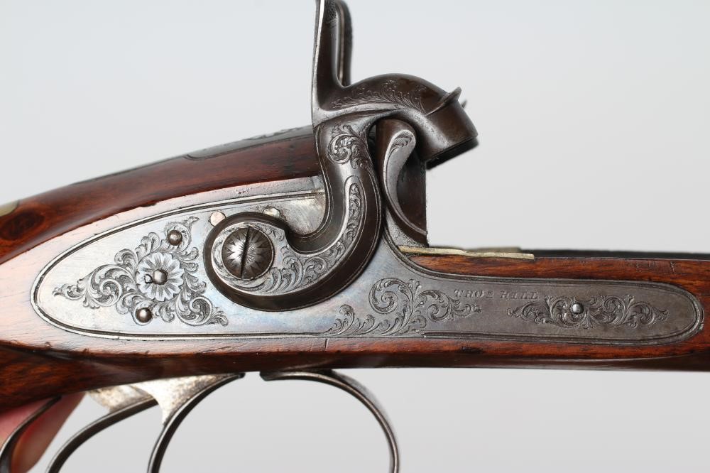 A THOMAS HILL OF DUNSE 14 BORE DOUBLE BARRELLED PERCUSSION SHOTGUN Image