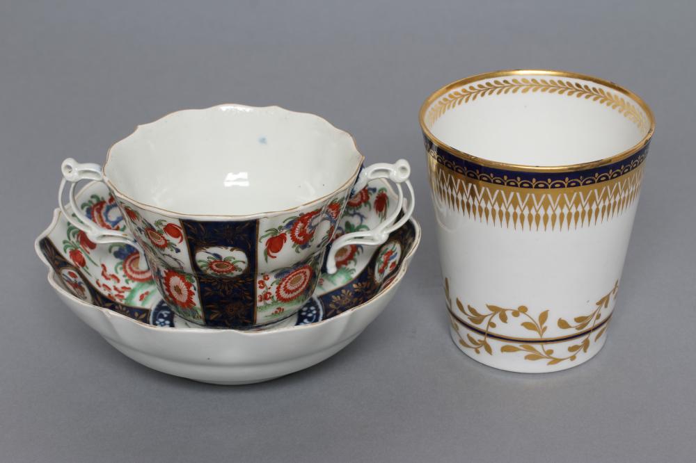 A FIRST PERIOD WORCESTER PORCELAIN WHEAT SHEAF CHOCOLATE CUP AND SAUCER Image