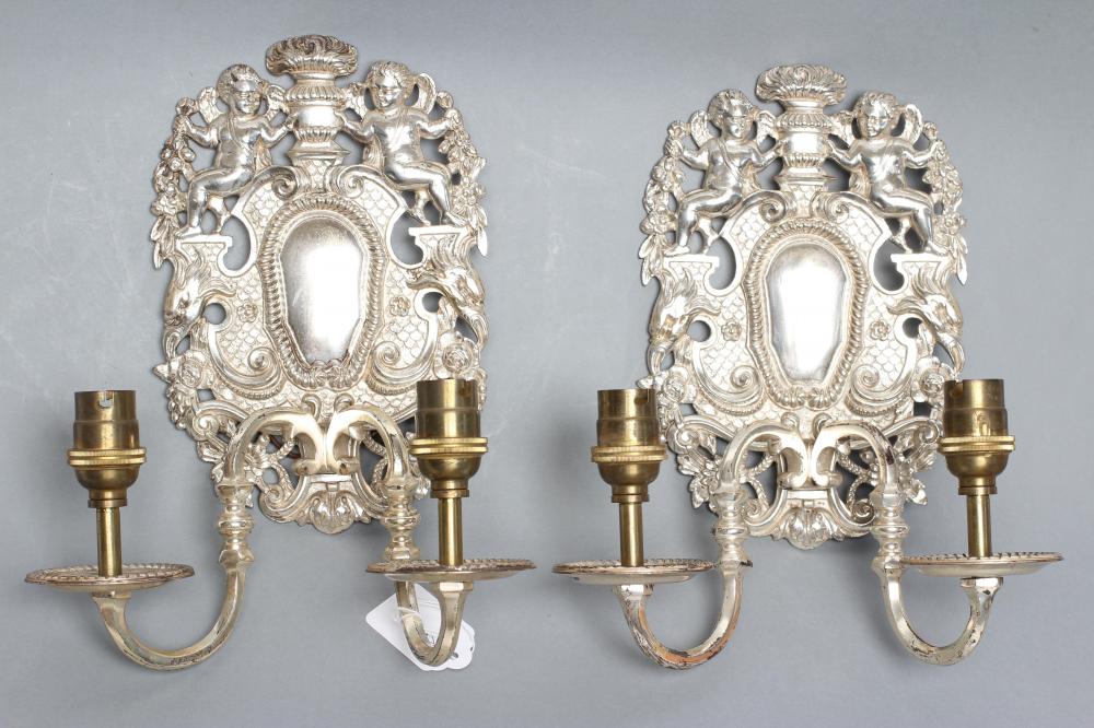 A PAIR OF SILVERED METAL TWIN BRANCH WALL SCONCES in the William & Mary style Image