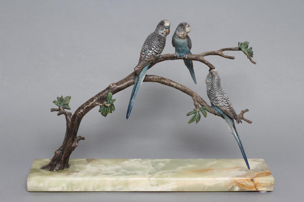 AN ART DECO COLD PAINTED BRONZE TRIO OF BUDGERIGARS Image