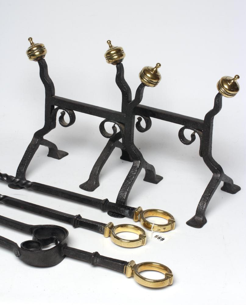 A SET OF ARTS AND CRAFTS STYLE WROUGHT IRON FIRE IMPLEMENTS Image