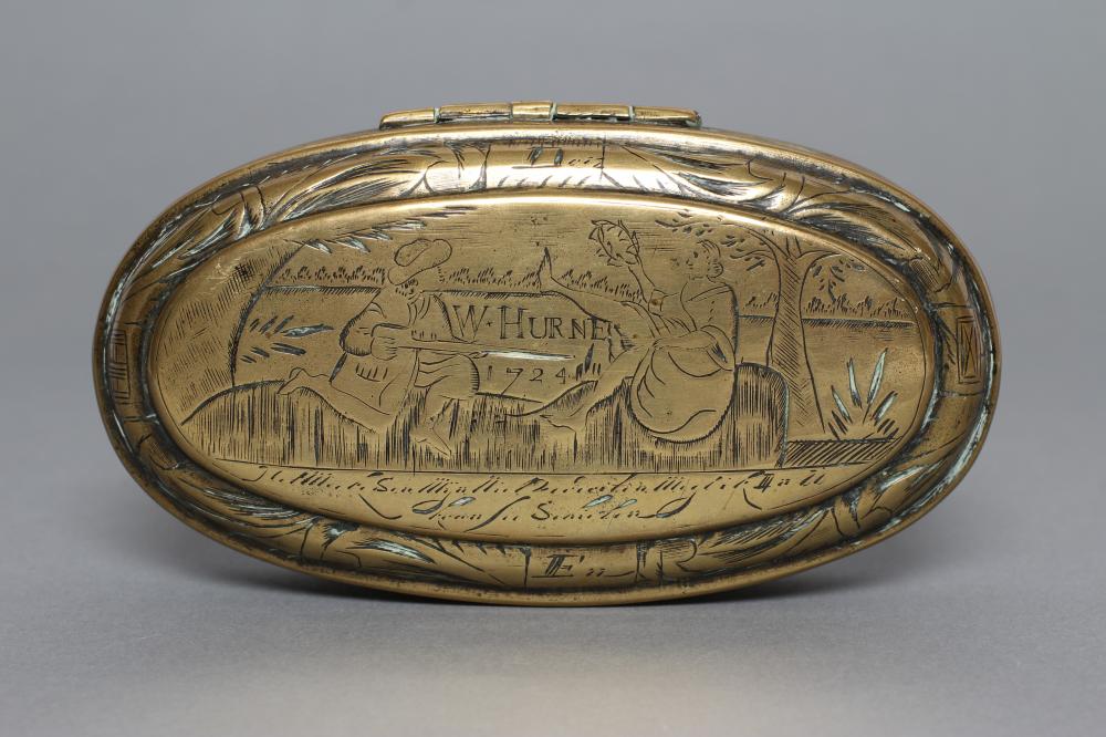AN ANGLO-DUTCH OVAL BRASS TOBACCO BOX Image