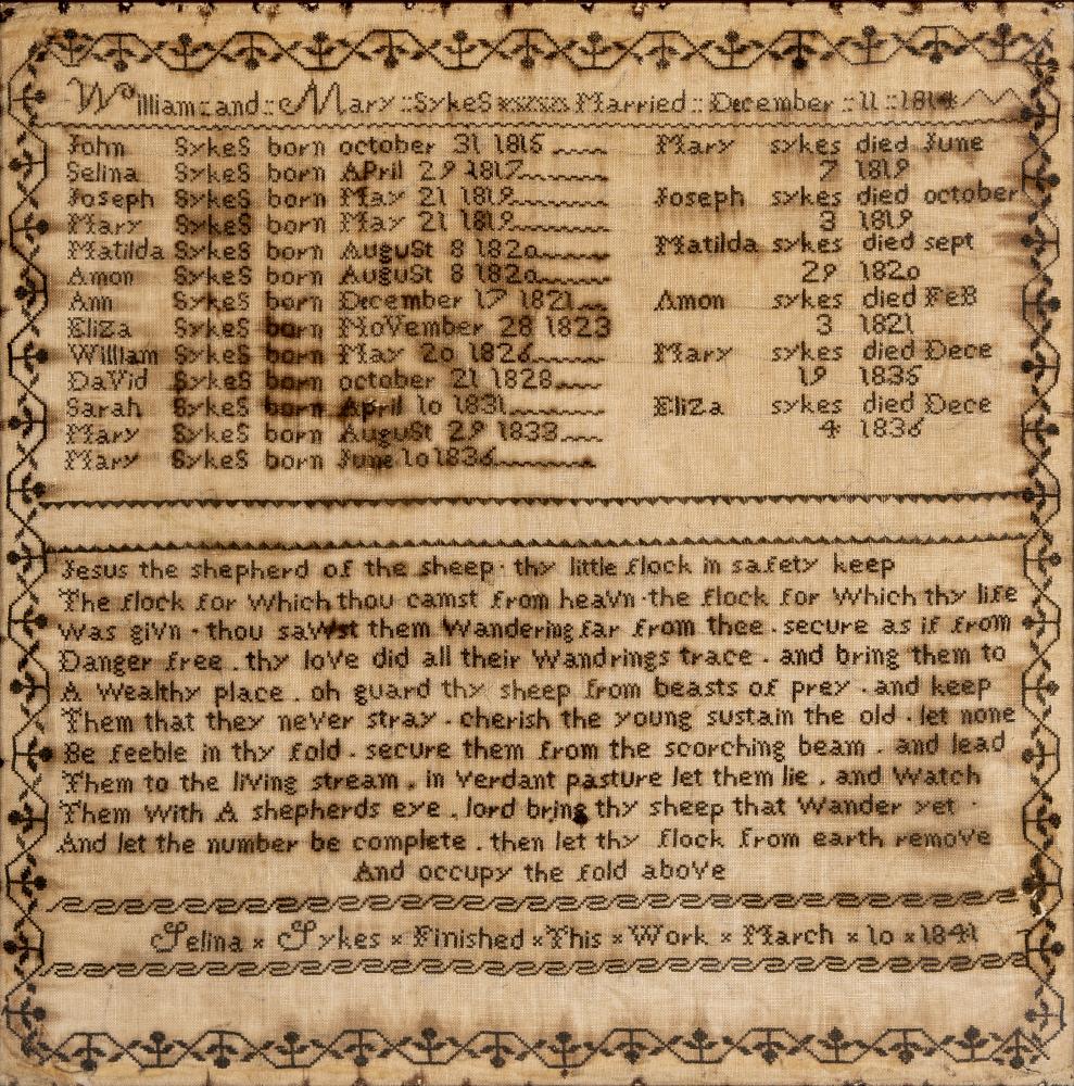 AN EARLY VICTORIAN FAMILY SAMPLER commemorating the marriage of William and Mary Sykes Image