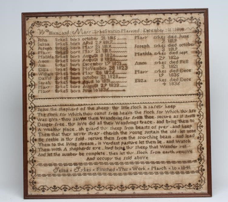 AN EARLY VICTORIAN FAMILY SAMPLER commemorating the marriage of William and Mary Sykes Image