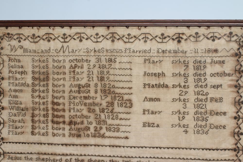 AN EARLY VICTORIAN FAMILY SAMPLER commemorating the marriage of William and Mary Sykes Image