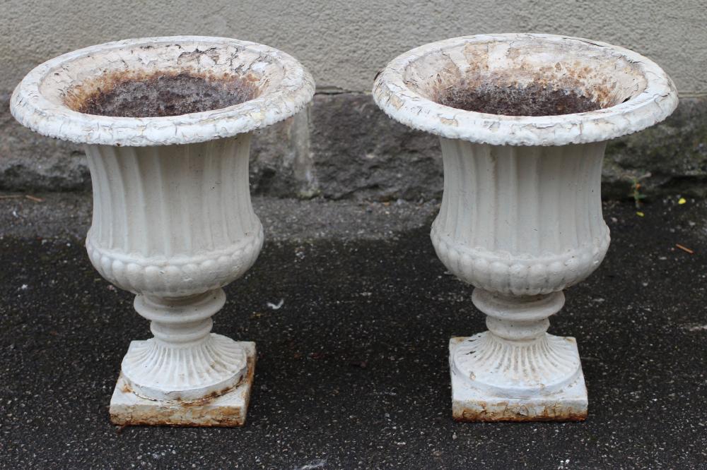 A PAIR OF SMALL VICTORIAN CAST IRON GARDEN URNS similar to previous lot Image