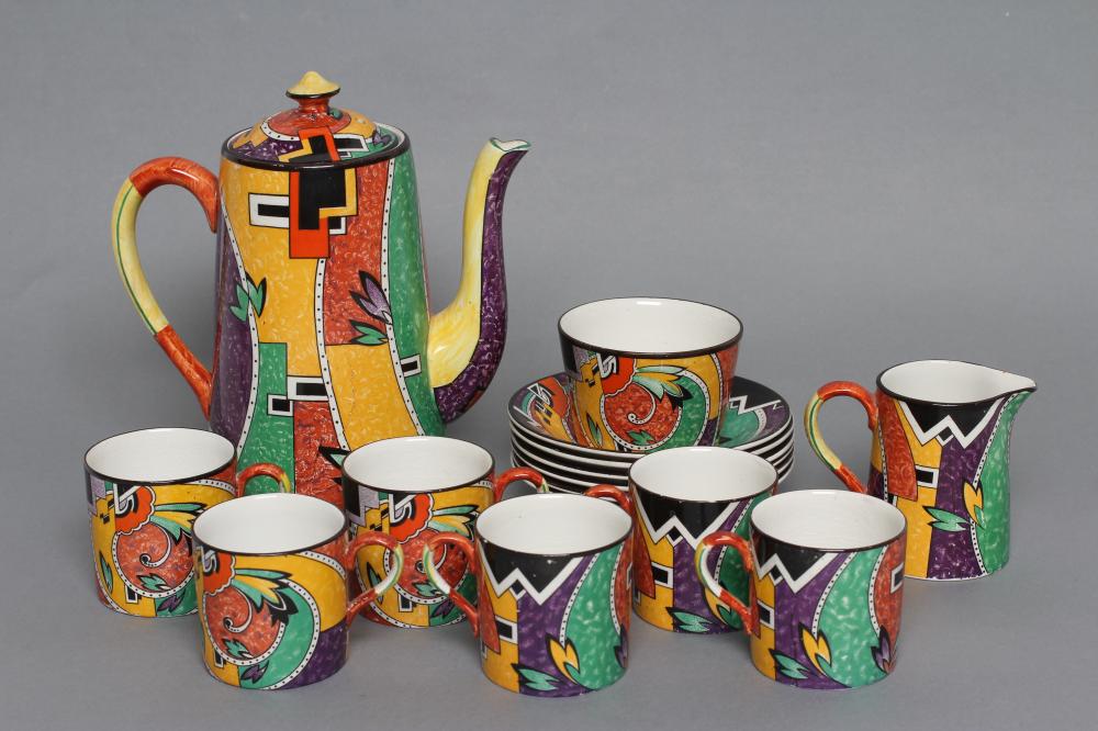 AN ART DECO GRIMWADES POTTERY "JAZZ" COFFEE SERVICE of plain tapering cylindrical form Image