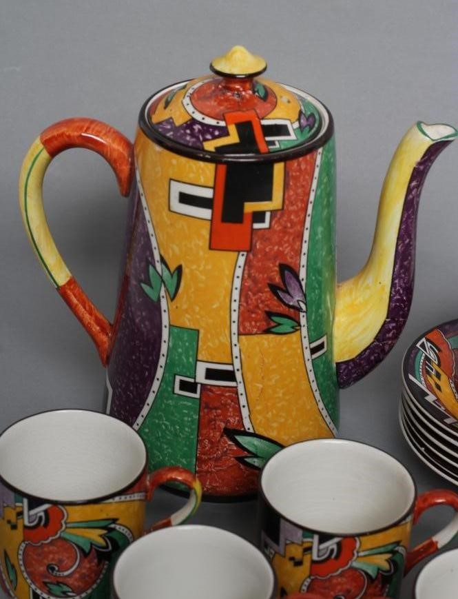 AN ART DECO GRIMWADES POTTERY "JAZZ" COFFEE SERVICE of plain tapering cylindrical form Image