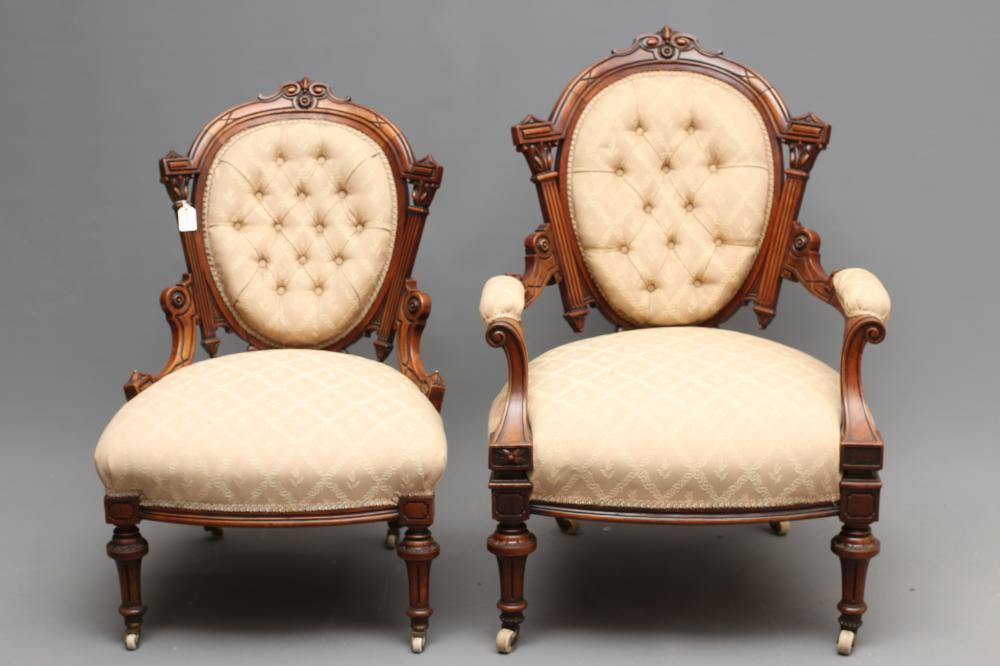 A PAIR OF LADY'S AND A GENTLEMAN'S VICTORIAN WALNUT SHOW FRAME EASY CHAIRS Image