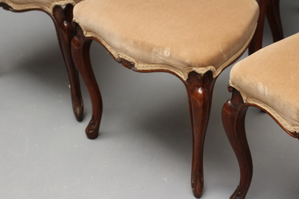 A SET OF SIX VICTORIAN WALNUT DINING CHAIRS of open balloon back form carved with foliate scrolls Image