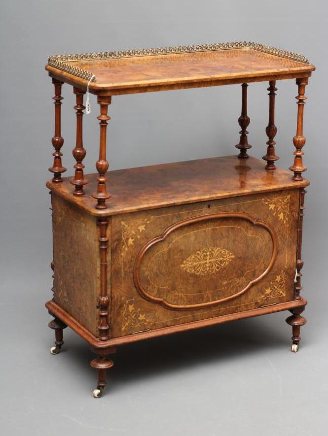 A VICTORIAN BURR WALNUT TWO TIER BUFFET with foliate marquetry sprays linked by stringing Image