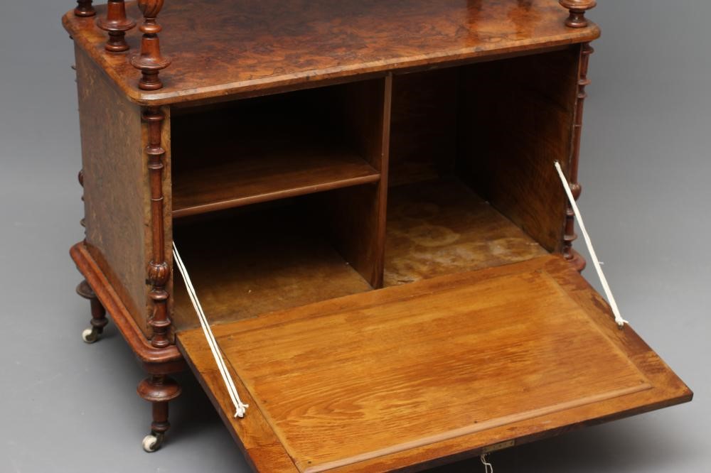A VICTORIAN BURR WALNUT TWO TIER BUFFET with foliate marquetry sprays linked by stringing Image