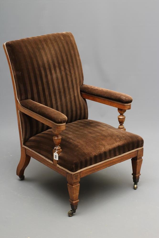 AN EDWARDIAN MAHOGANY AND STRING INLAID SHOW FRAME ARMCHAIR upholstered in brown striped velvet Image
