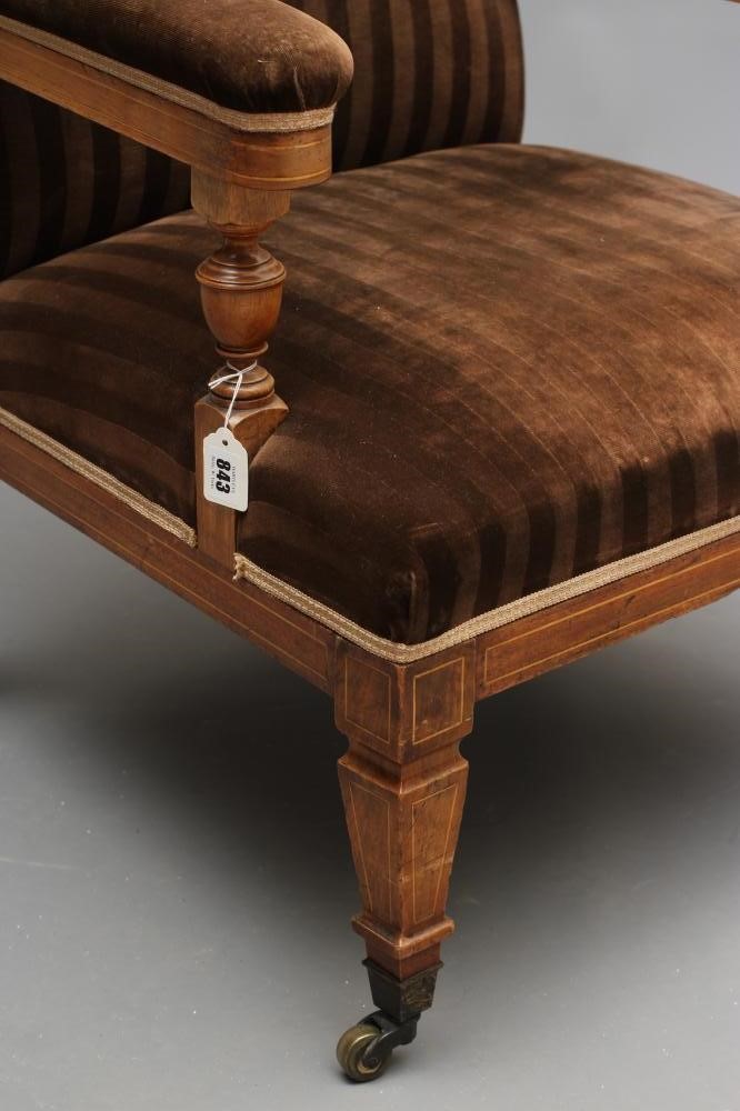 AN EDWARDIAN MAHOGANY AND STRING INLAID SHOW FRAME ARMCHAIR upholstered in brown striped velvet Image